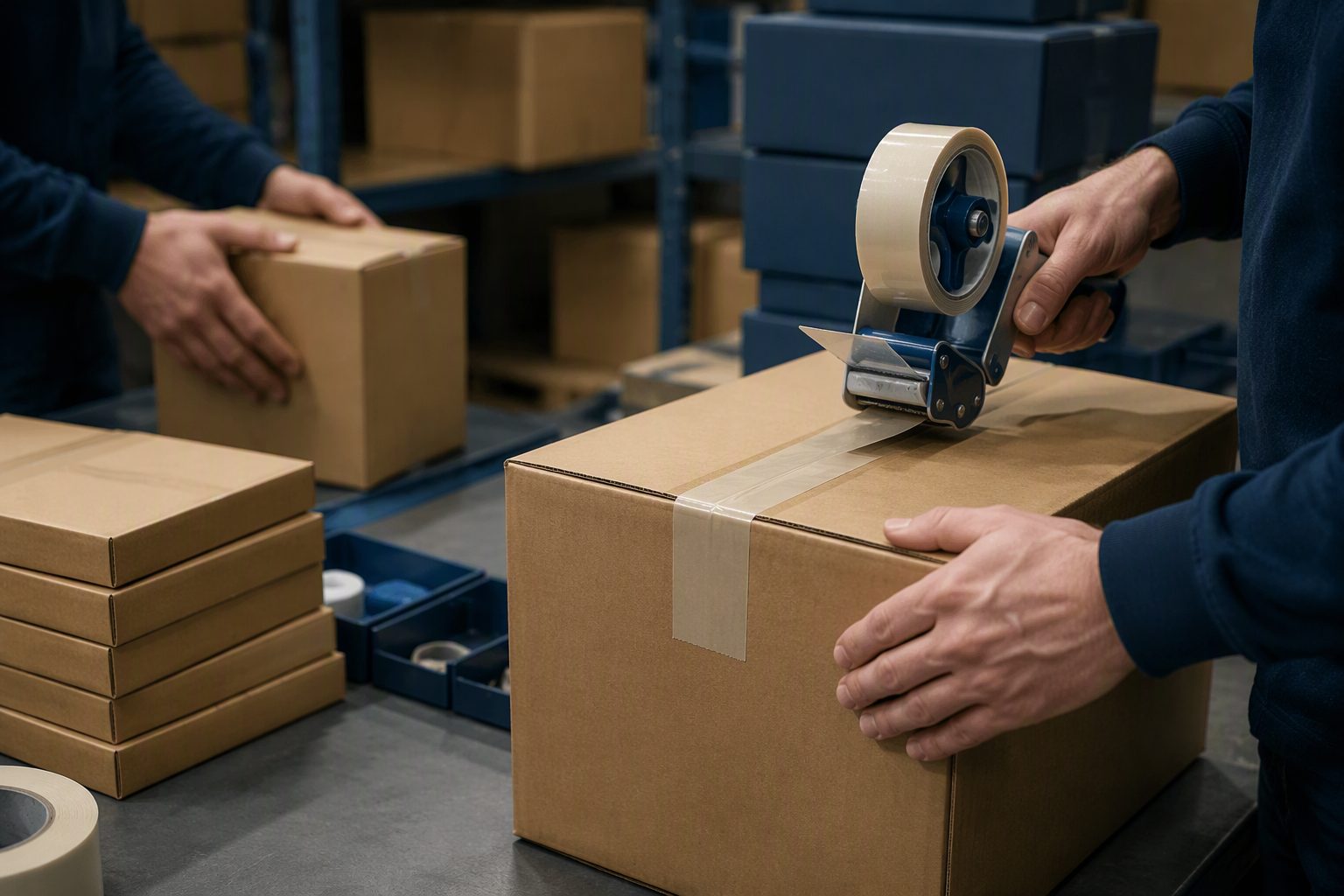 Preparación y sellado de cajas en estación de embalaje de bodega