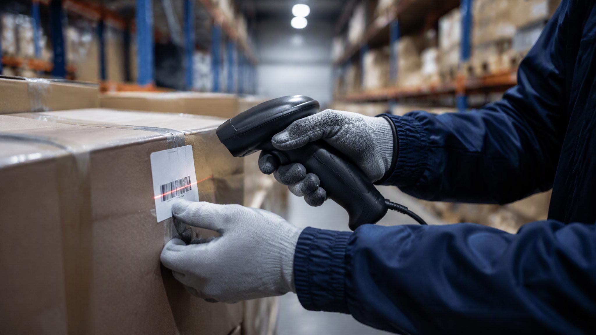 Operario escaneando el código de barras de una caja en bodega de distribución